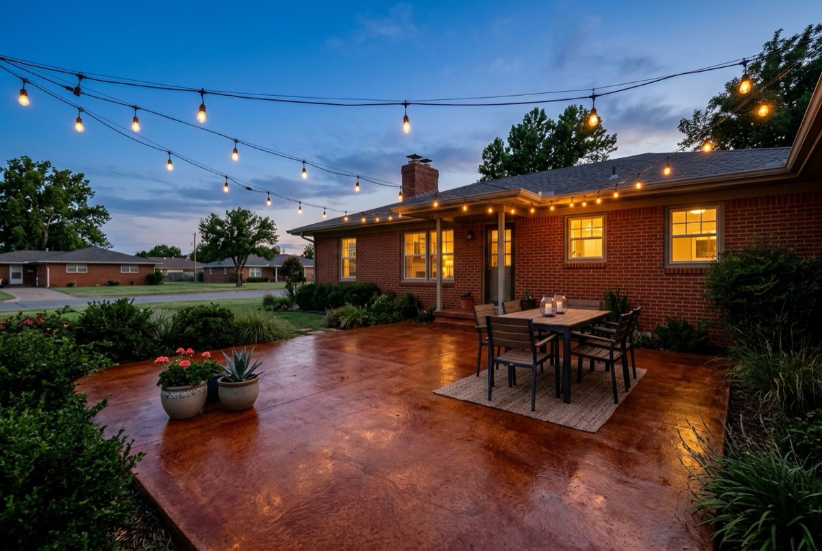 Sealed terracotta stained concrete patio at dusk under string lights behind a brick ranch house