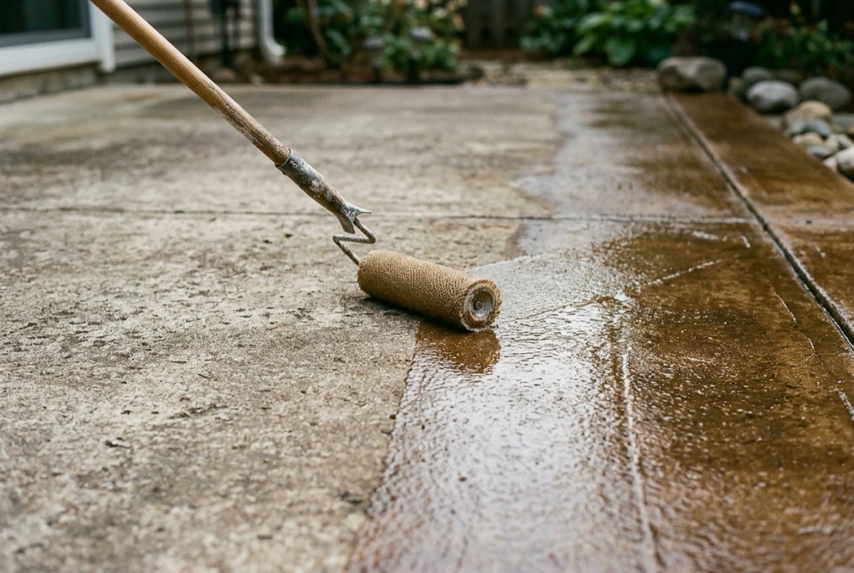 Roller applying clear sealer to a faded stained concrete patio, the sealed half darker