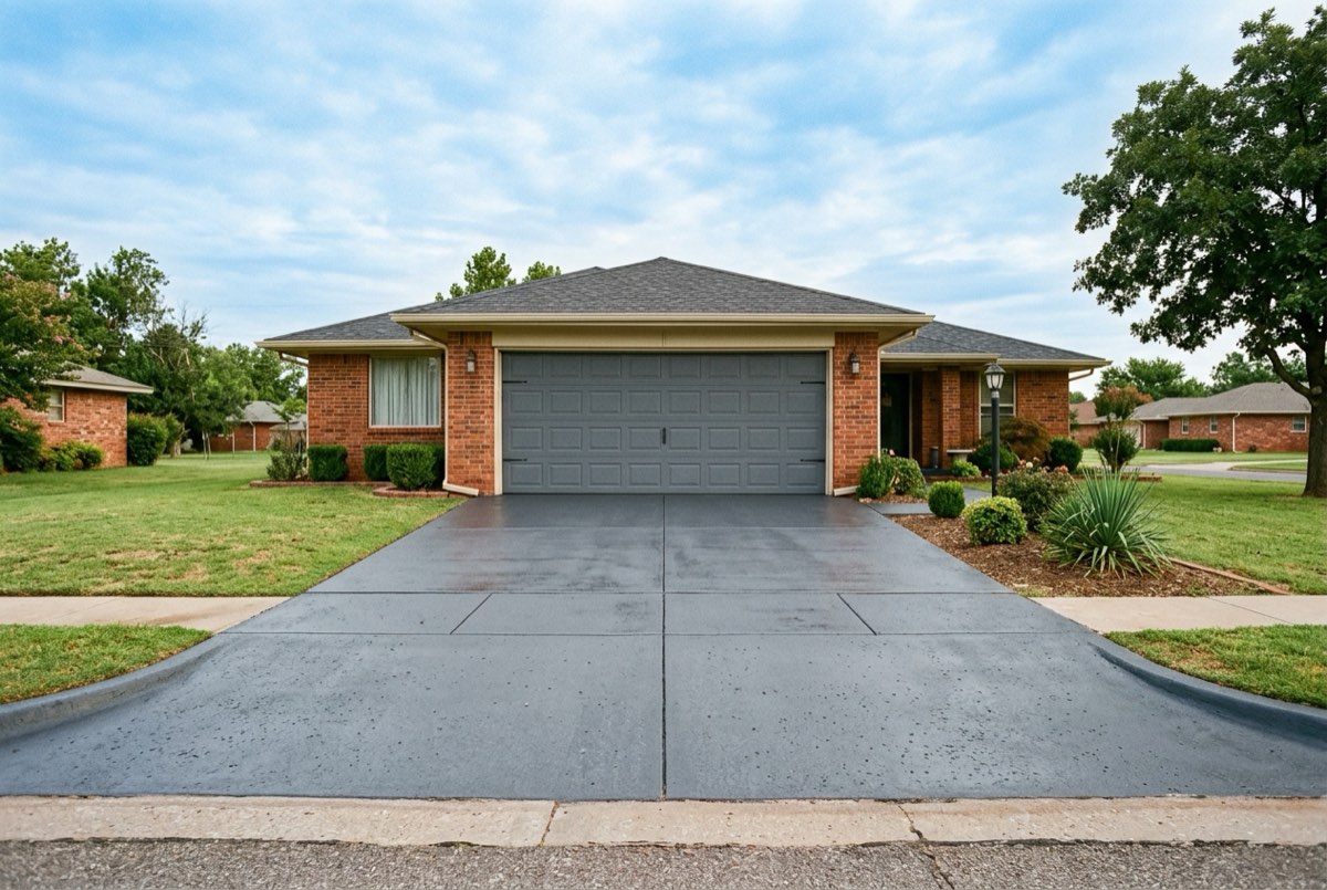 Freshly stained charcoal-grey concrete driveway leading to a brick house’s garage