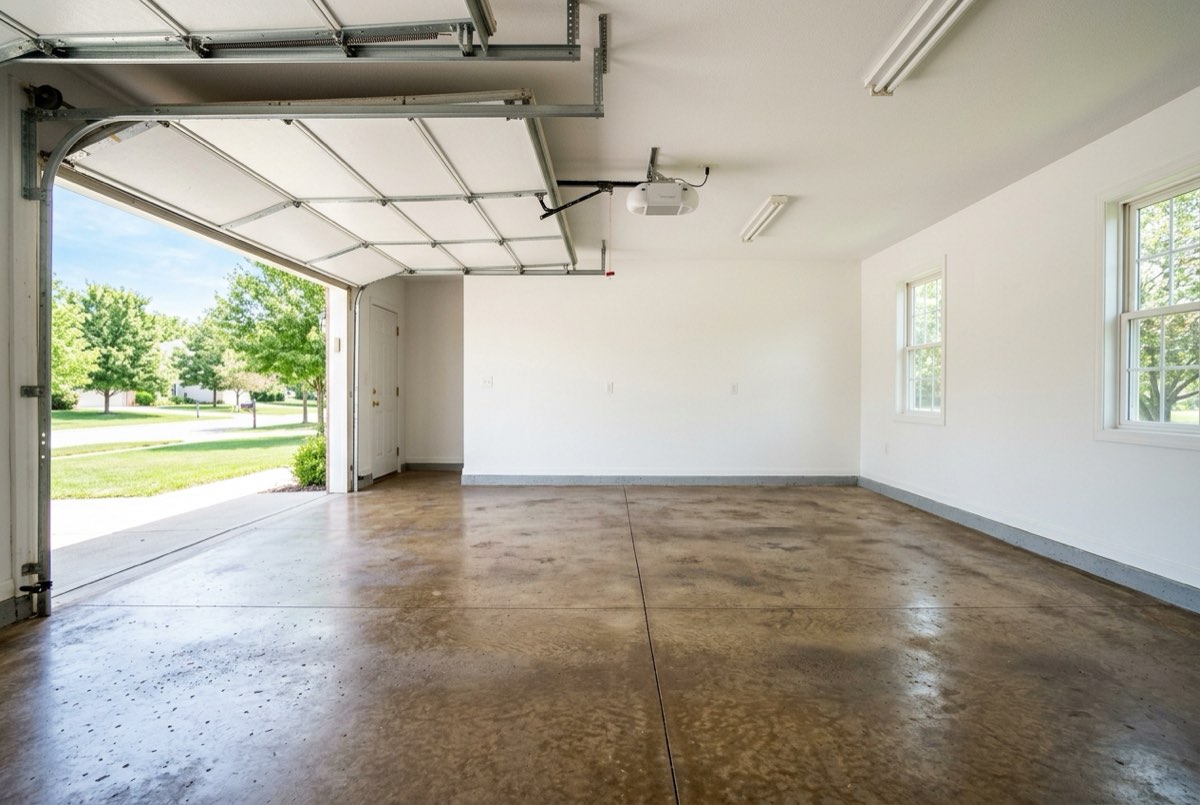 Empty two-car garage with a warm brown stained and sealed concrete floor