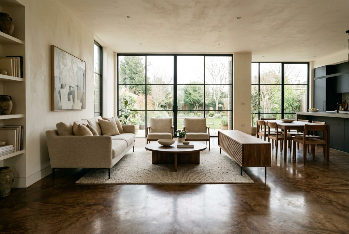 Open-plan living room with a polished walnut-brown acid-stained concrete floor