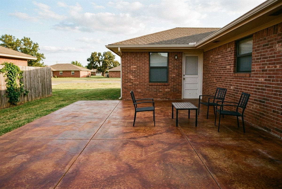 Acid-stained terracotta concrete patio with outdoor chairs beside a red-brick ranch house