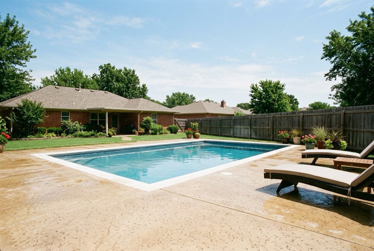 Backyard pool with a light tan stained concrete deck and lounge chairs